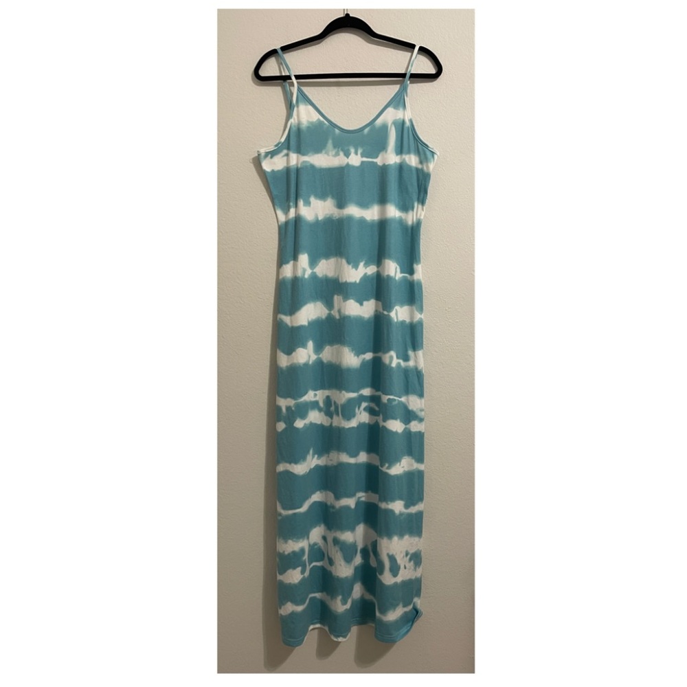 Turquoise Spaghetti Strap Sleeveless Tie Dye Long Macy Summer Sun Dress Size L - Picture 2 of 10